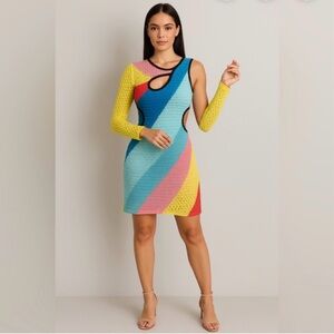 STAUD Marseille Rainbow One-Shoulder Knit Cutout Mini Dress Size M NWOT